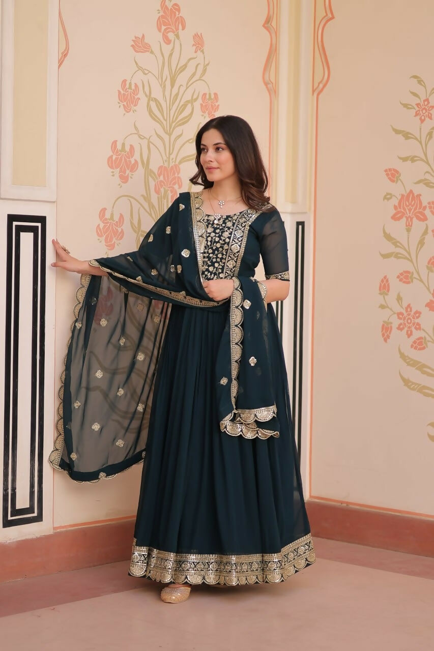 Teeya Creation Rama Color Faux Georgette Embroidery Work Wedding Wear Long Gown - Distacart