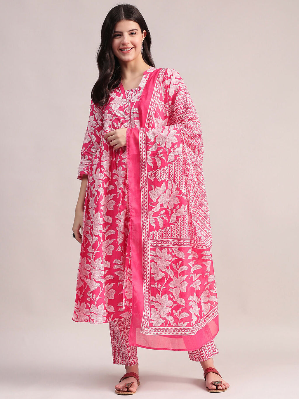 Aavyora Women's Pink Floral Cotton Kurta with Lace Detailing, with Trouser & Dupatta