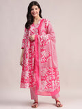 Aavyora Women's Pink Floral Cotton Kurta with Lace Detailing, with Trouser & Dupatta