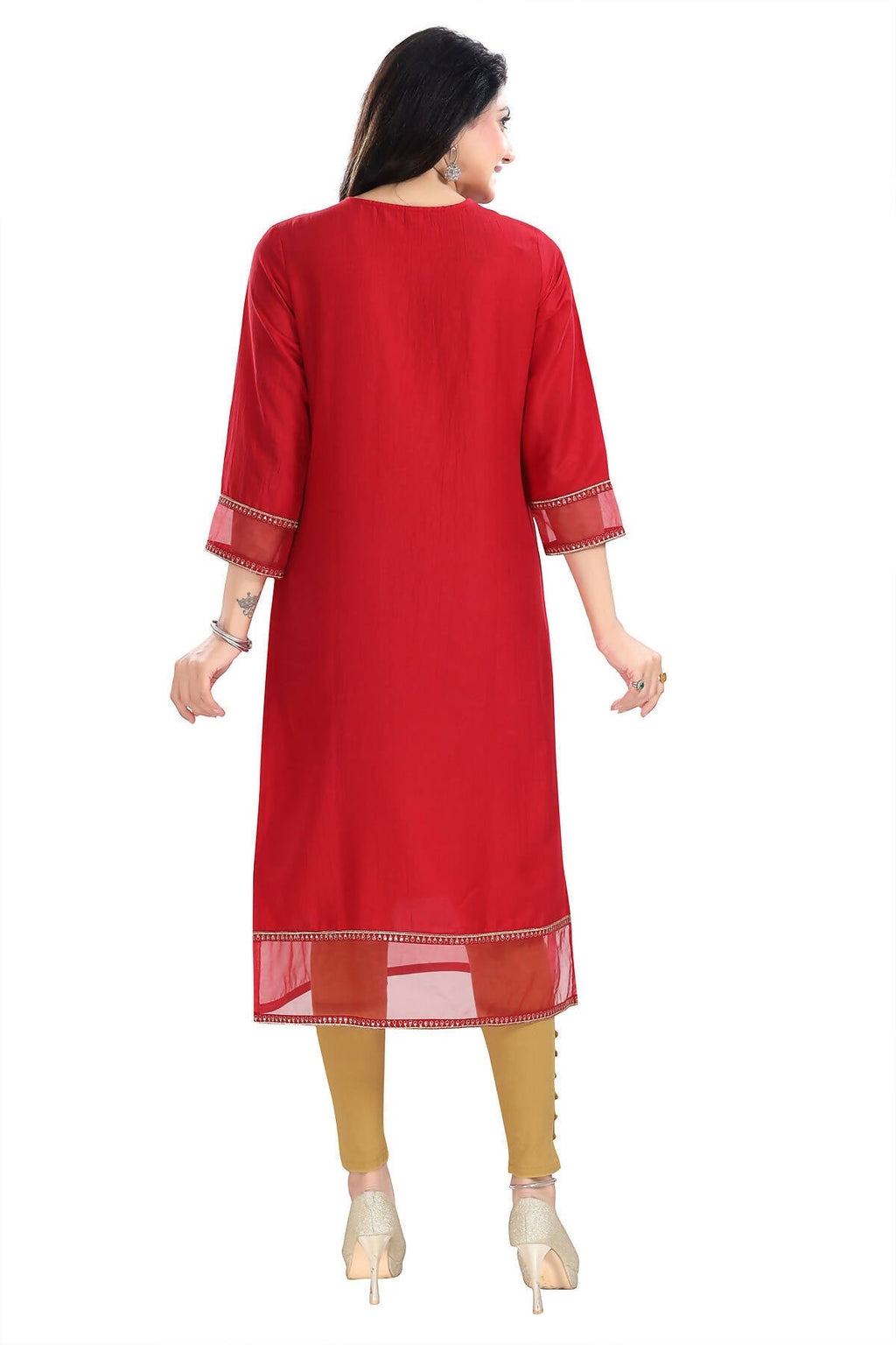 Snehal Creations Mighty Red Art Silk Designer Long Kurti Tunic With Zari Embroidery - Distacart