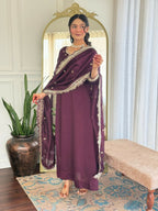 The52 Wine Women's Gorgeous Vichitra Silk Fabric Embroidered Work Flared Anarkali Pant and Dupatta Set - Distacart