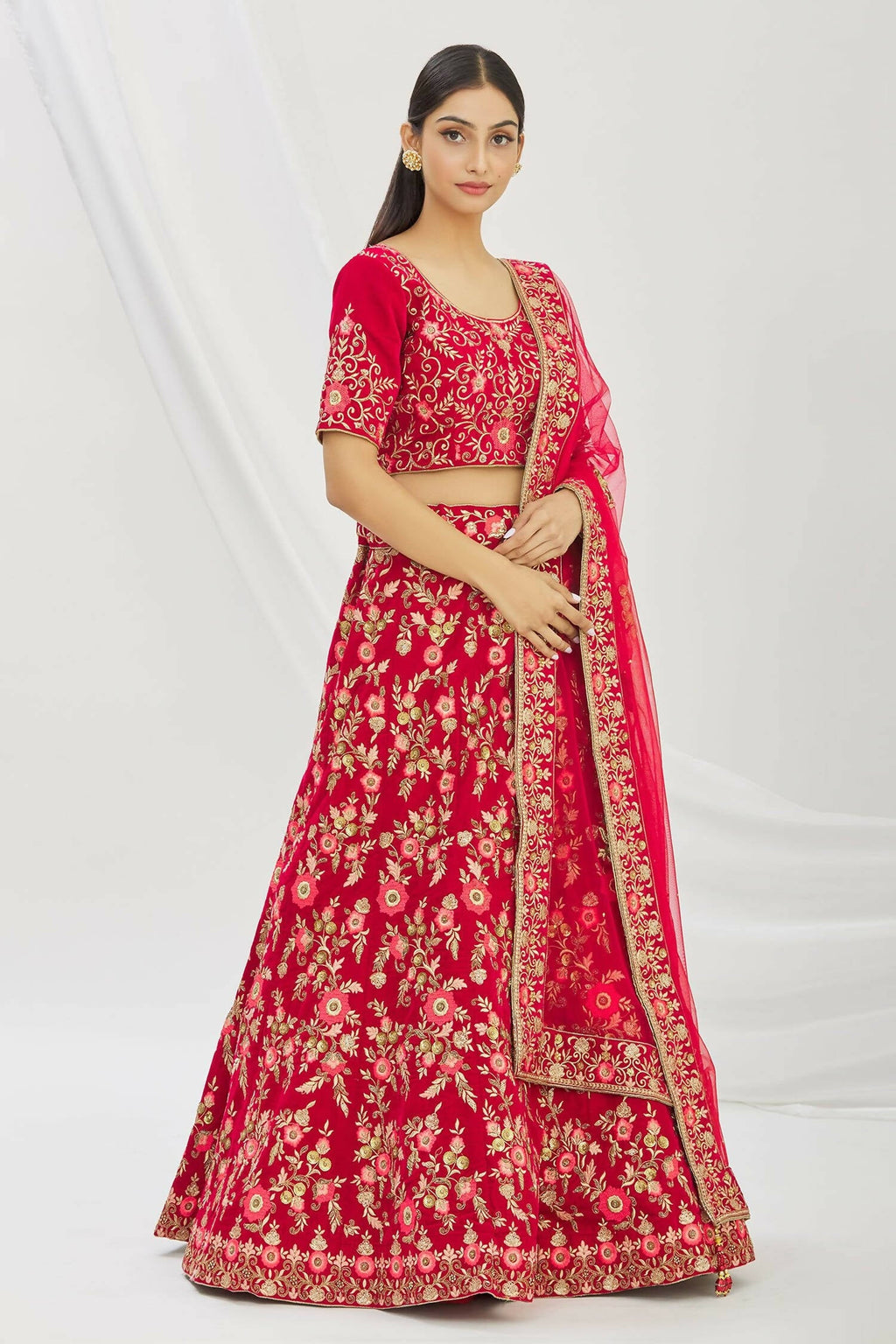 Red Velvet Semi-Stitched Wedding Bridal Lehenga - Nimaya