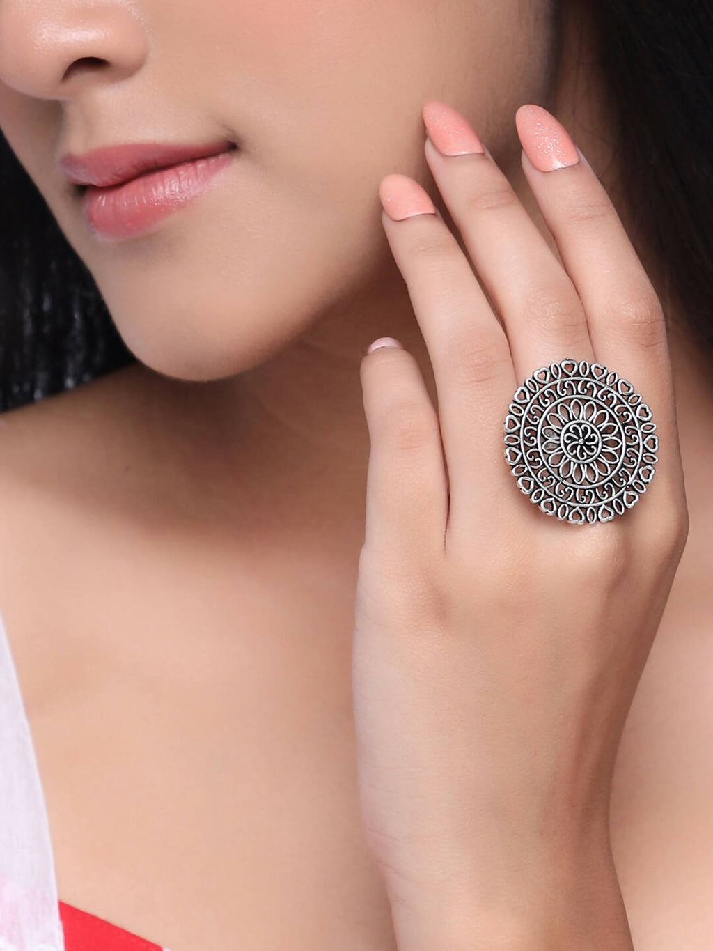 NVR Women Oxidised Silver-Plated Adjustable Finger Ring