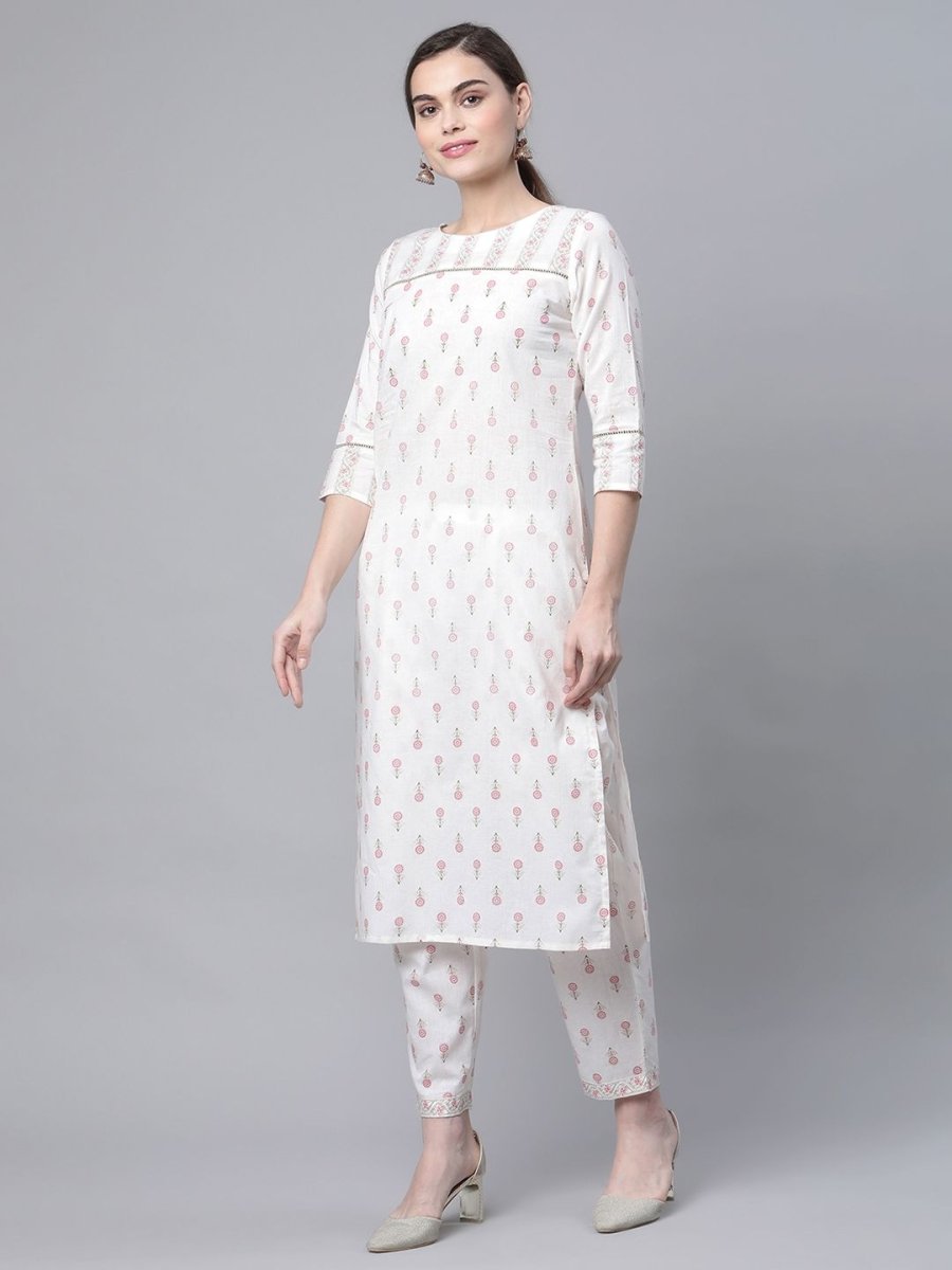 Ahalyaa Women White Pure Cotton Printed Kurta Pant Set