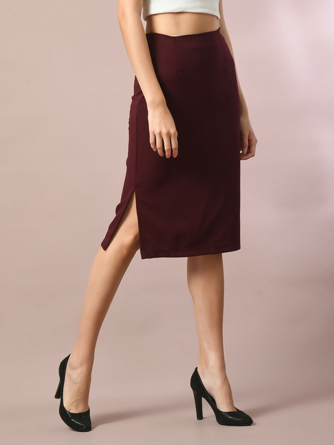 Myshka Women's Brown Solid Knee Length Party Embellished Skirts