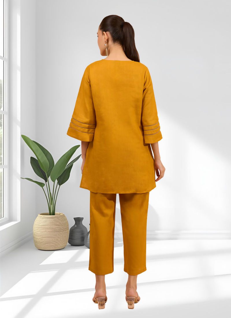 Joban Fashion Yellow Cotton, Linen Embroidered Readymade Cord Set - Distacart