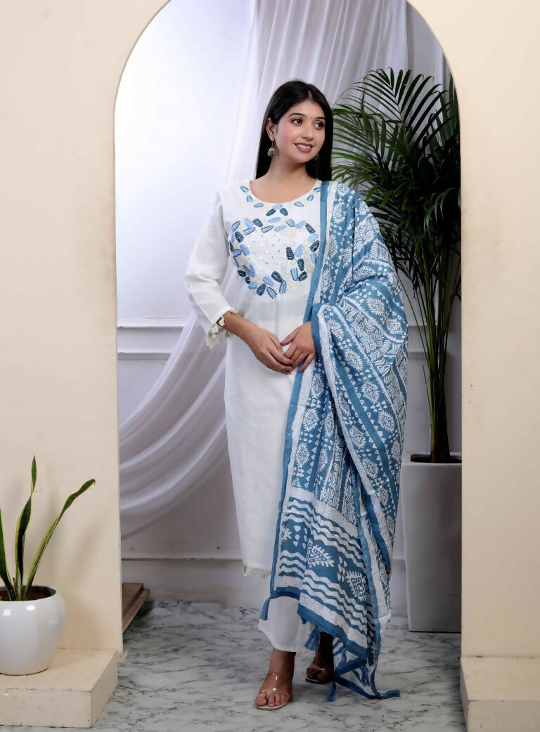 Miravan Women's White Cotton Thread Work Embroidered And Mirror Work Straight Kurta Palazzo With Dupatta Set