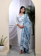 Miravan Women's White Cotton Thread Work Embroidered And Mirror Work Straight Kurta Palazzo With Dupatta Set