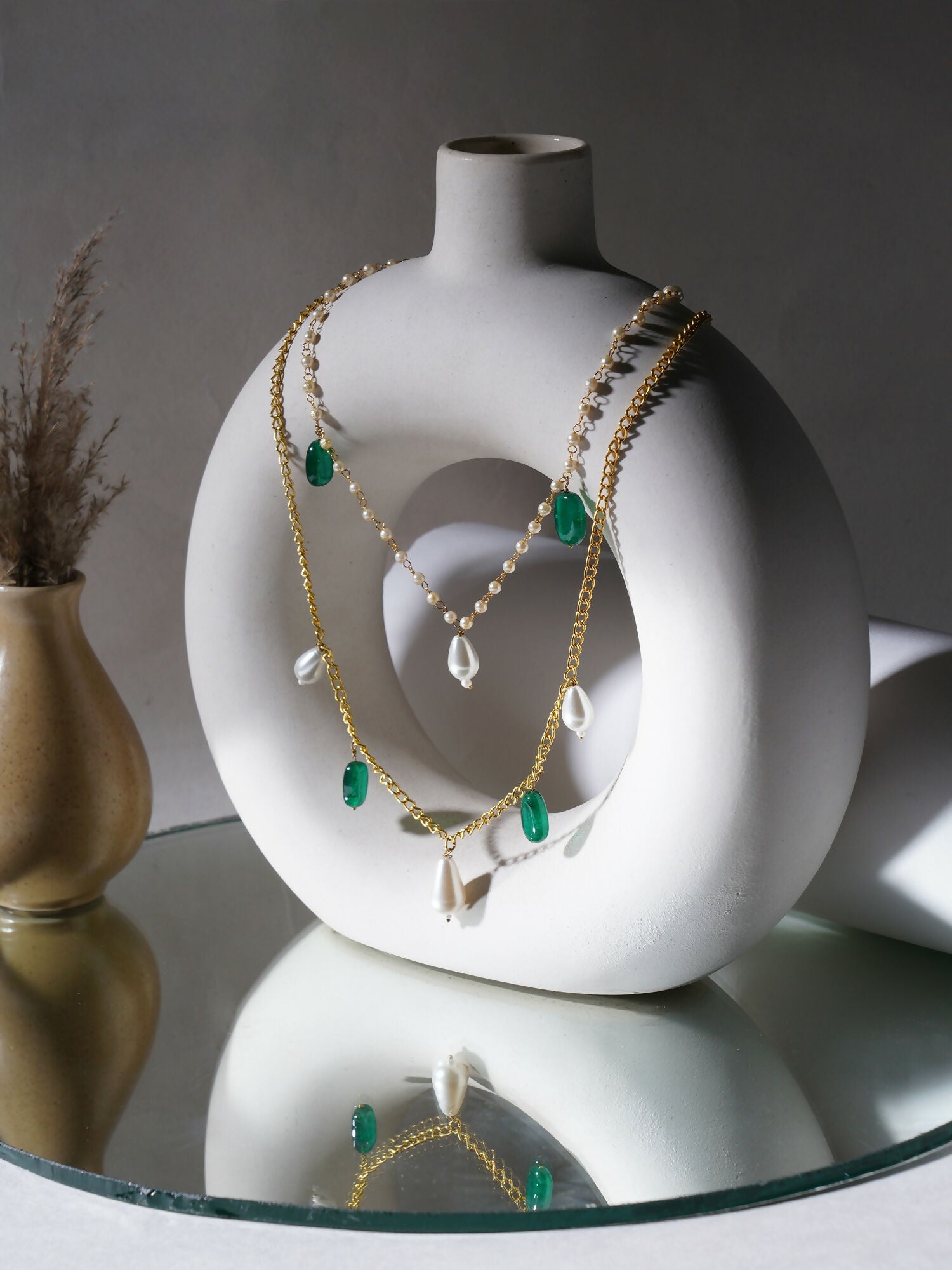 Layered Pearl and Gold Neckpiece with Emeralds (Gold) - Ruby Raang