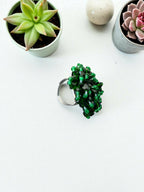 Inhanns Rang-E-Roshan Adjustable Ring – Handmade Crystal Statement Ring - Dark Green