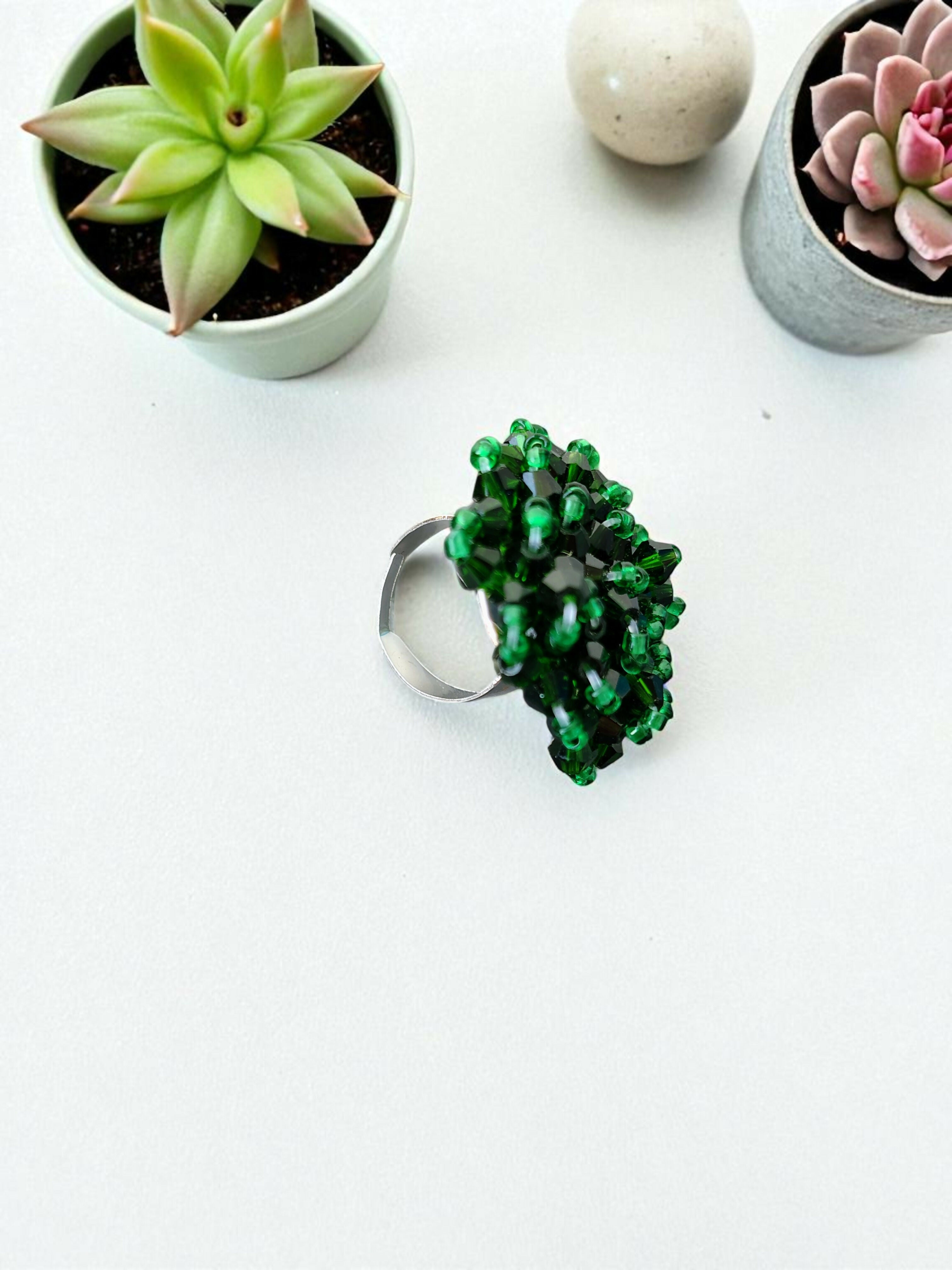 Inhanns Rang-E-Roshan Adjustable Ring – Handmade Crystal Statement Ring - Dark Green