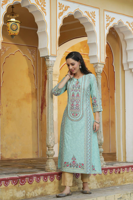 Juniper Women's Sky Blue Rayon Staple Printed A-Line Kurta