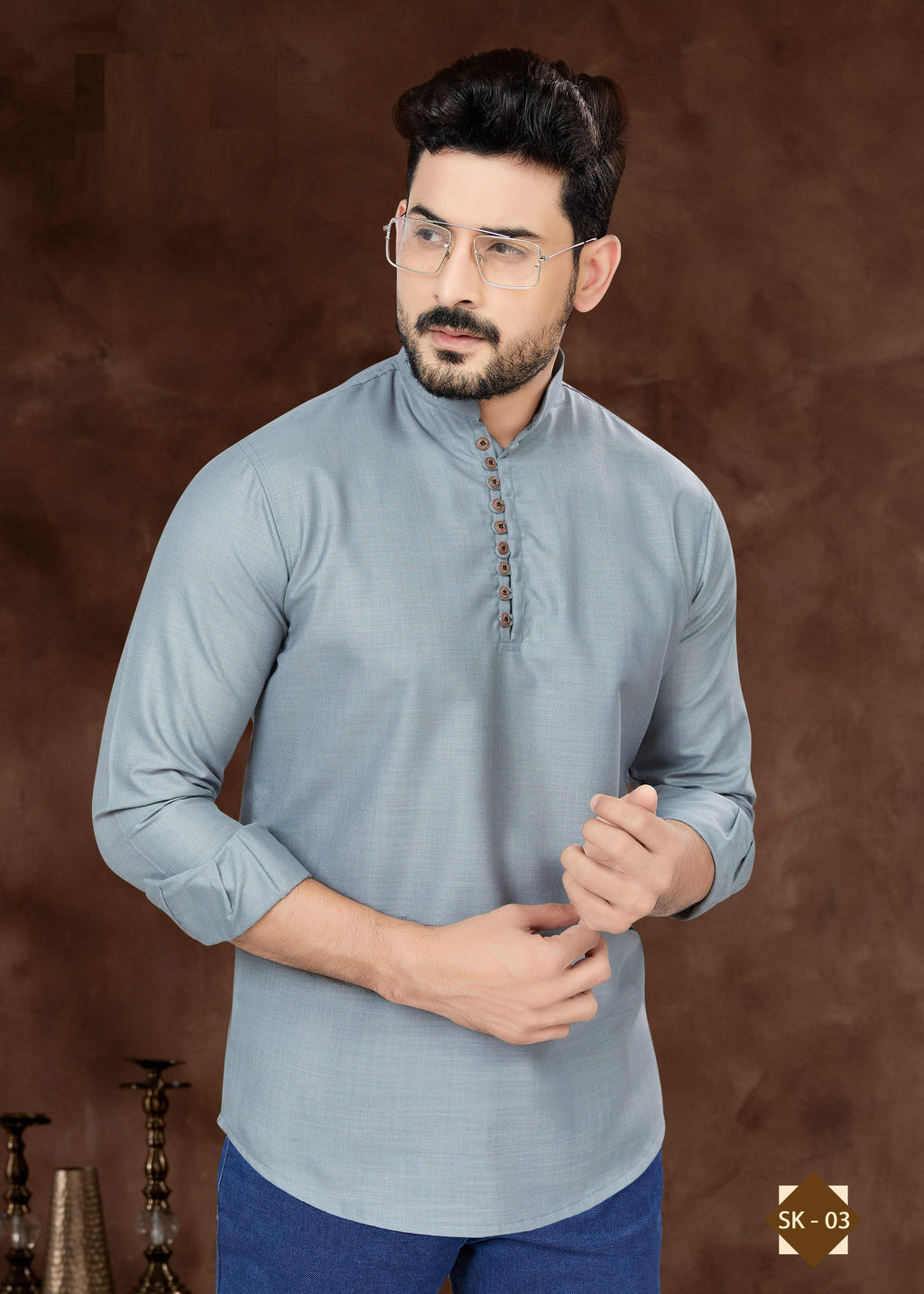 Joban Fashion Men's Pure Cotton Grey Plain Short Kurta