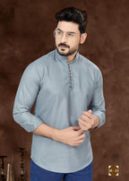 Joban Fashion Men's Pure Cotton Grey Plain Short Kurta
