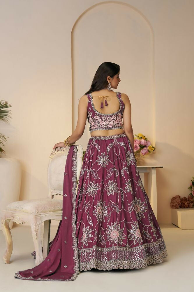 Kesar Fab Dark-Maroon Silk Embroidered Lehenga