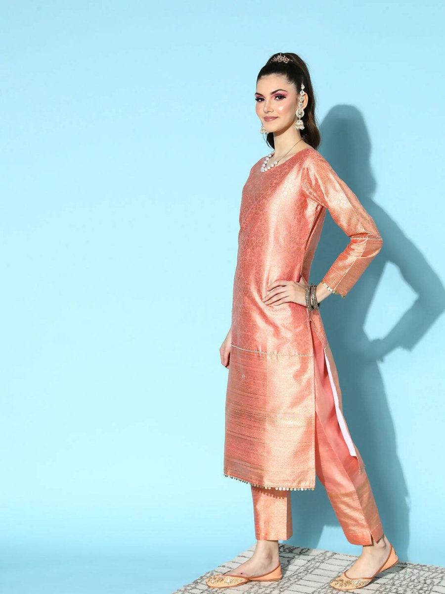 Ahalyaa Women's Peach Colour Poly Silk Printed Kurta Pant Set With Dupatta - Distacart
