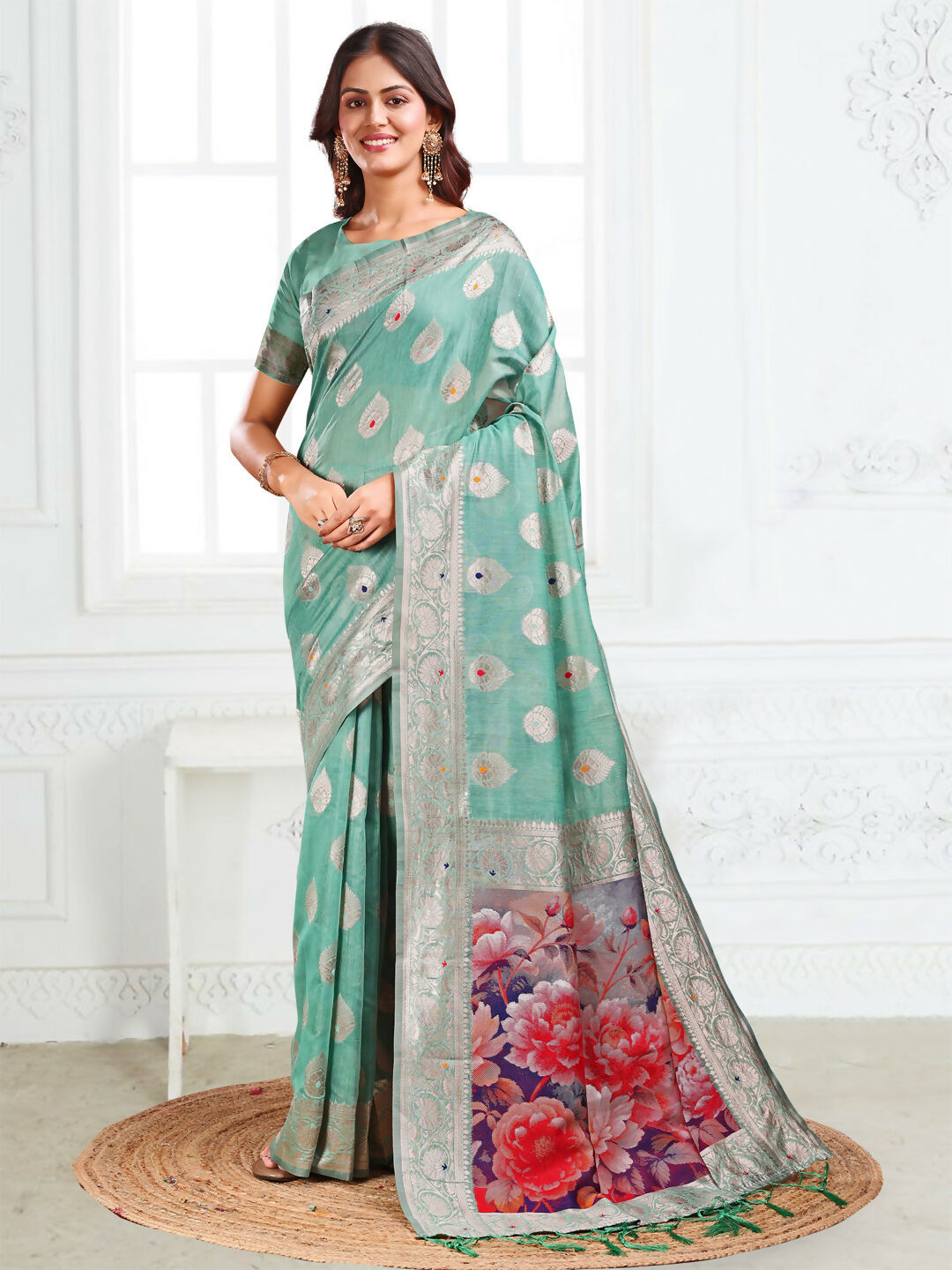 Shree Shyam Fashion Linen Cotton Rama Green Saree - Distacart