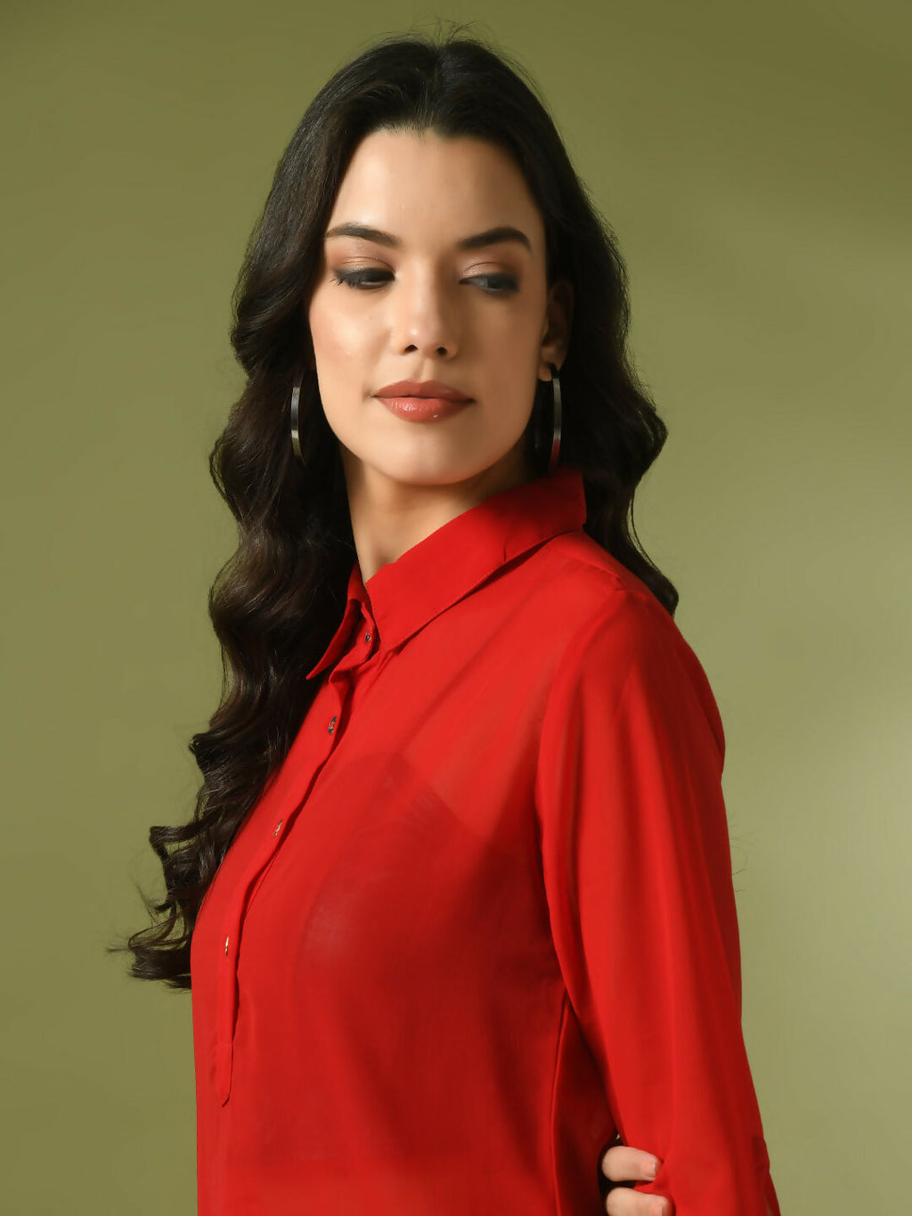 Myshka Women's Red Solid Georgette Longline Party Sheer Tunic