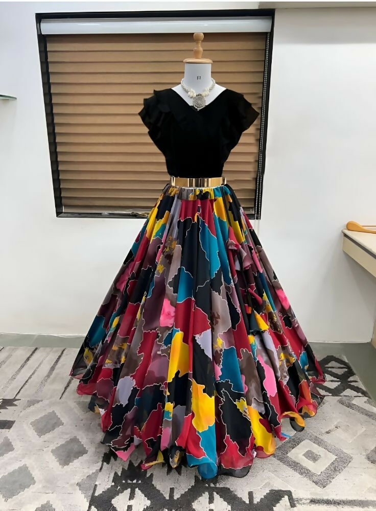 Dishitha Creation Printed Stitched Lehenga & Crop Top - Black & Black