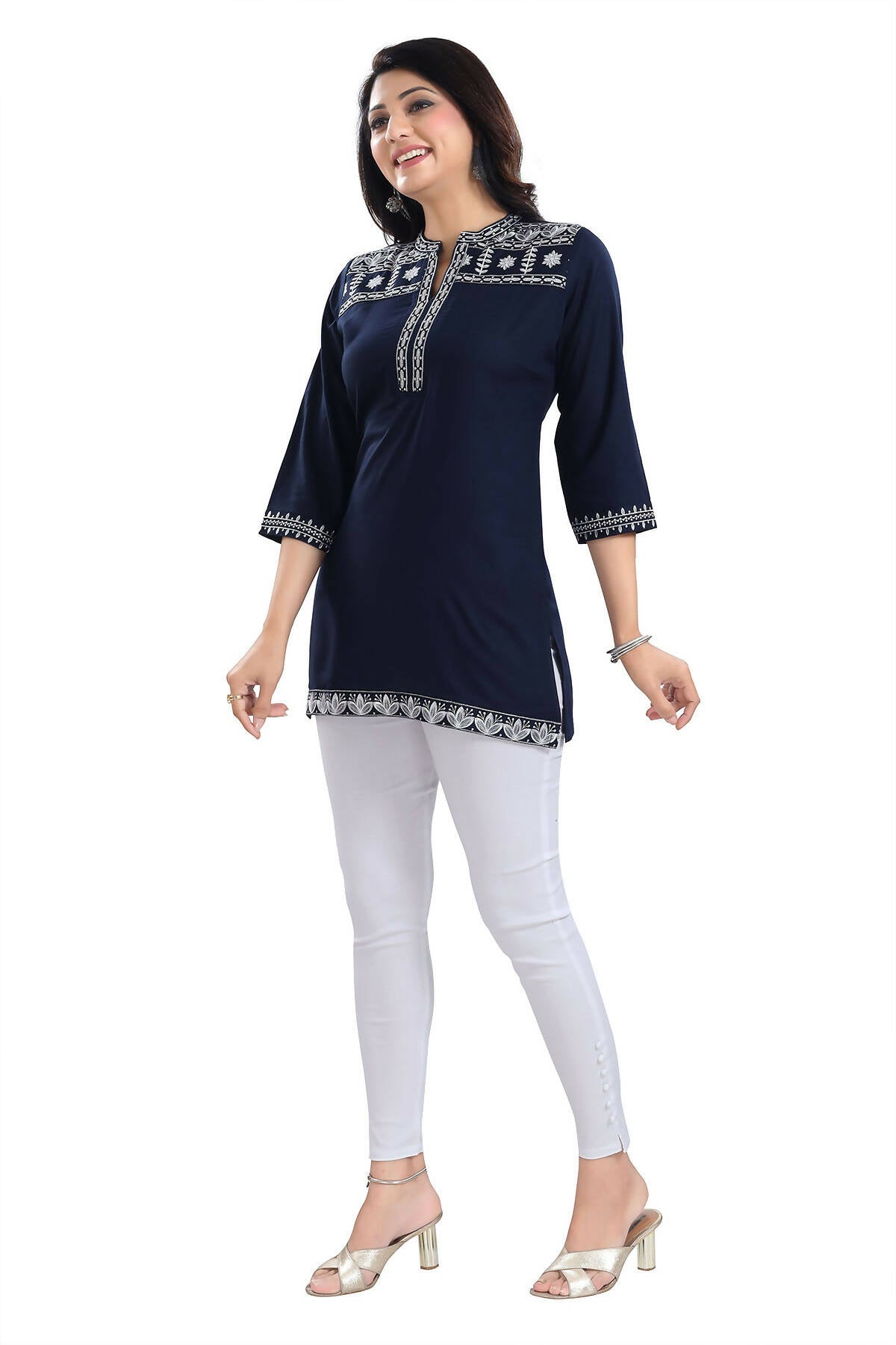 Snehal Creations Novel Navy Blue Women Embroidered Boho Chic Tunic Top - Distacart