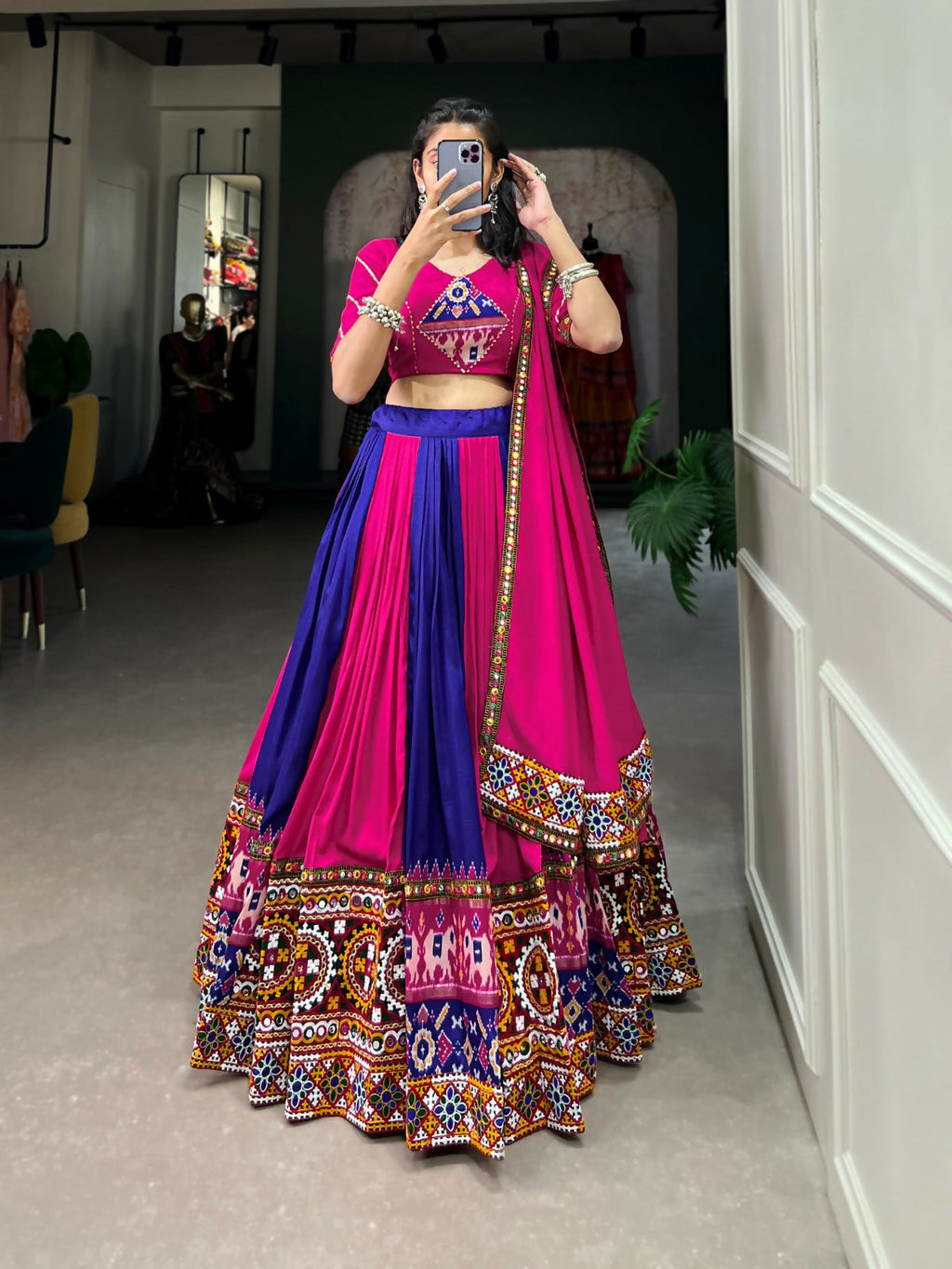 Vastranavya Navaratri Special Rayon with Printed Patch With Gota Patti And Paper Mirror Work And Cowrie (Kodi) Lace Touch Up Lehenga with Stitched Blouse - Royal Blue
