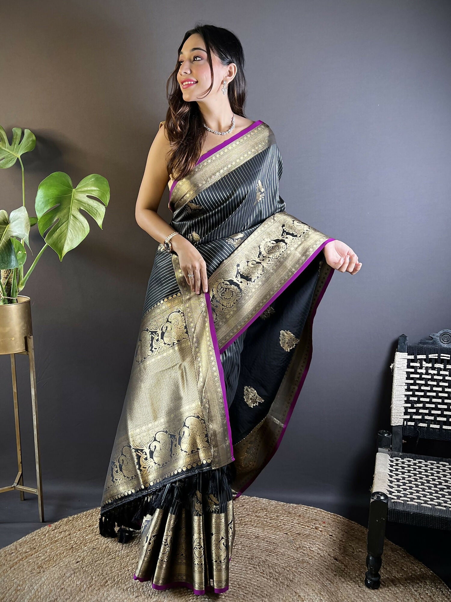 Joban Fashion Black Striped With Floral Motifs Soft Silk Leheriya Saree