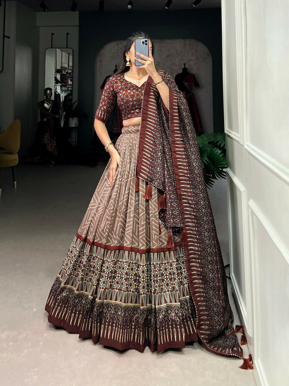 Vastranavya Bandhej And Ajarakh Print Tussar Silk Lehenga Choli - Brown