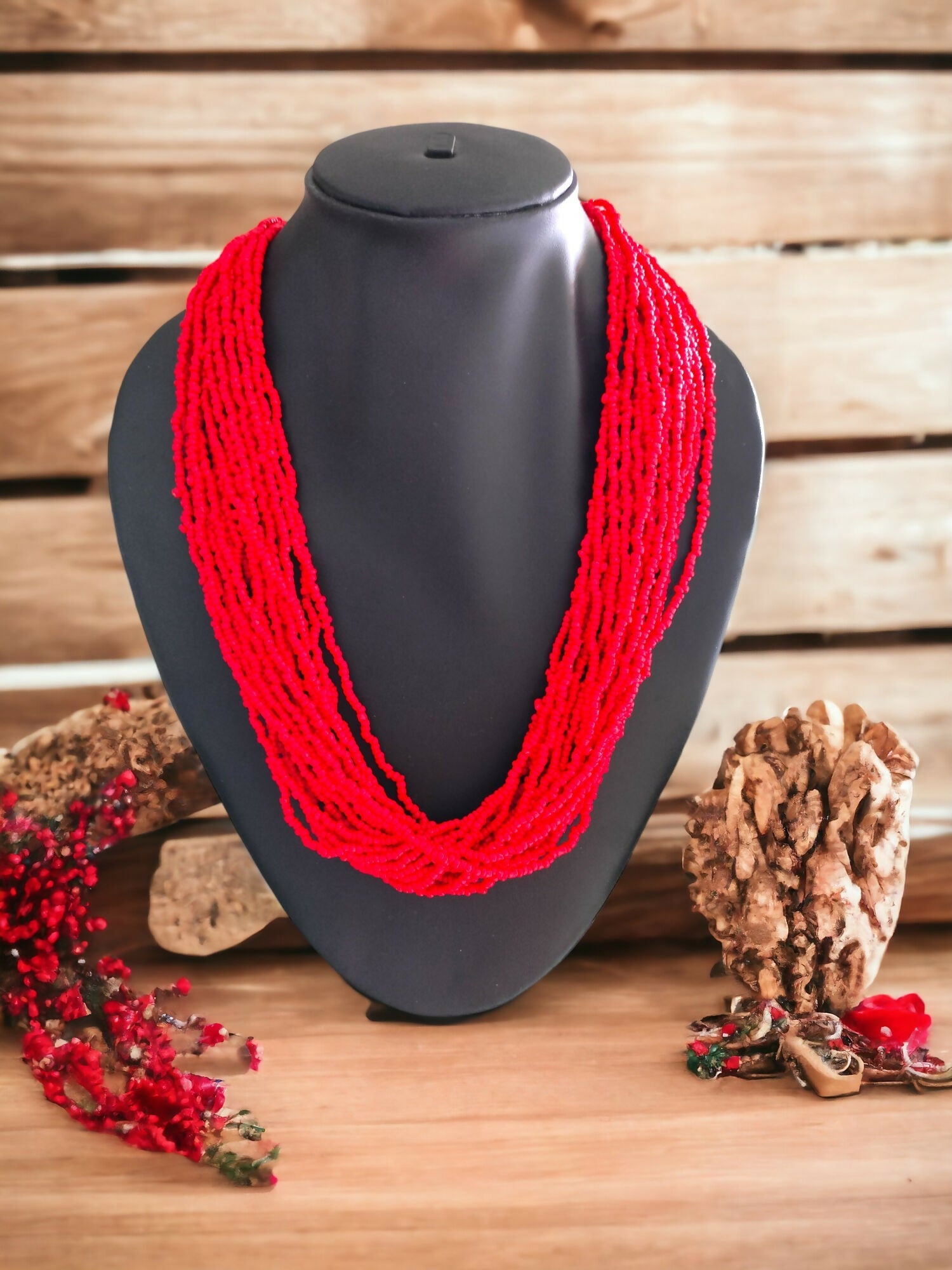 Inhanns Handmade Beaded Multilayer Necklace, 20 Layers - Red