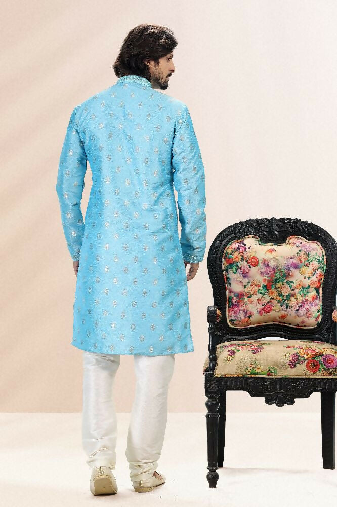 Raivat Ethnic Jacquard Banarasi Silk Pintux Work Kurta Pajama In Blue Colour