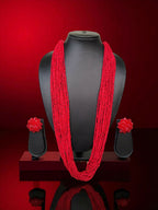 Inhanns Rangsaaz 20-Layer Luxe Long Beaded Necklace (With Optional Statement Earrings) - Red With Earring