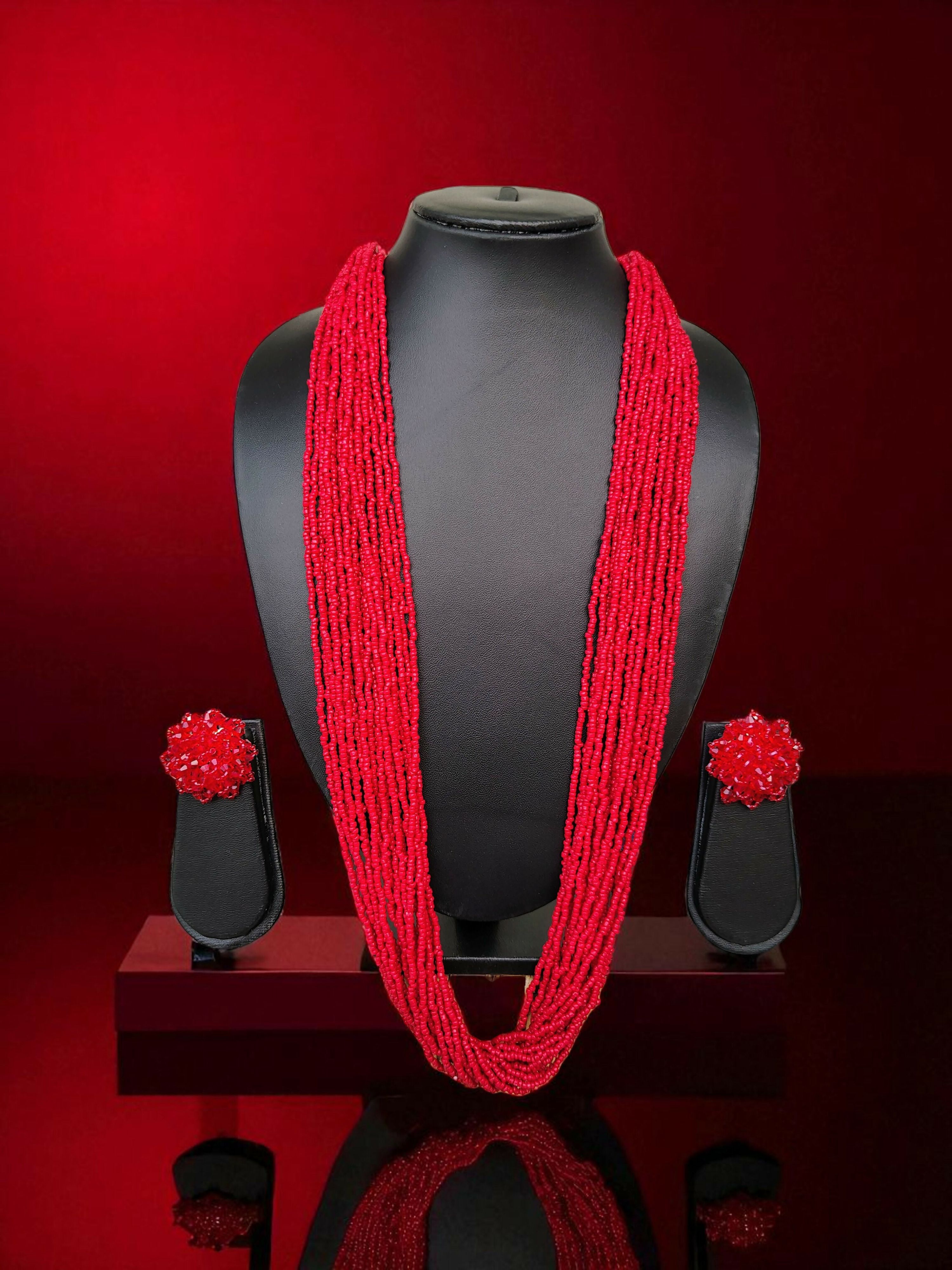 Inhanns Rangsaaz 20-Layer Luxe Long Beaded Necklace (With Optional Statement Earrings) - Red With Earring