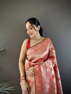 Joban Fashion Peach Flower Jall Pattern Soft Silk Banarasi Saree - Distacart