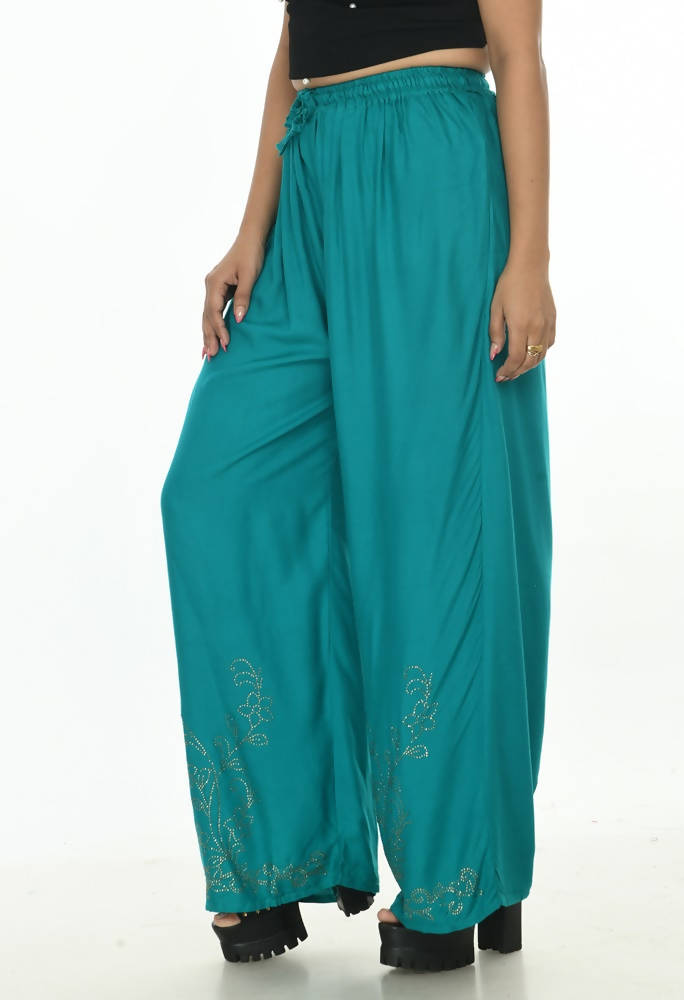 Mominos Fashion Moeza Reyon Cotton Rama Green Color Sirsoki Work Palazzo