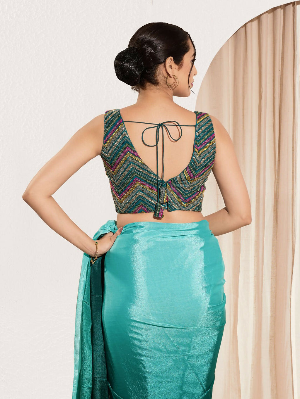 Joban Fashion Cobalt Blue Net Padded Blouse With V Neck Sleeveless - Distacart