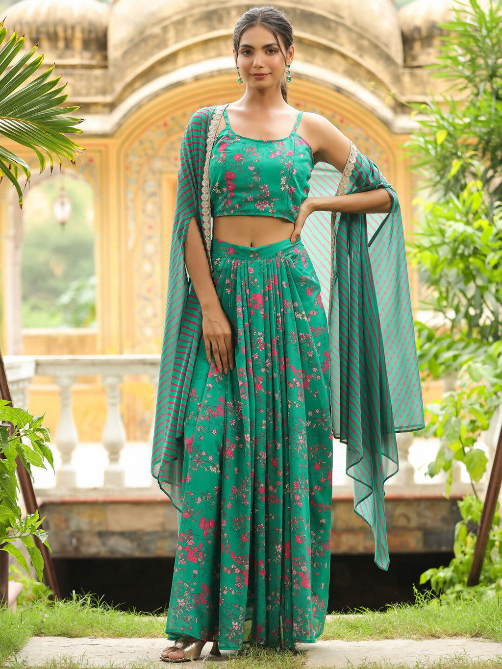 Janasya Green Georgette Floral Top Bottom Cape