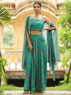 Janasya Green Georgette Floral Top Bottom Cape