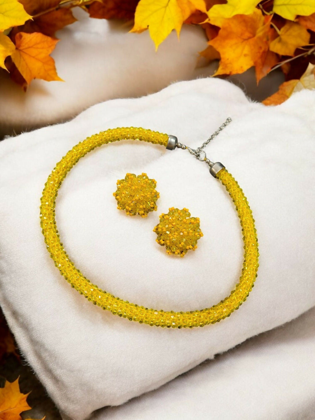 Inhanns Noor-E-Jalwa – Handmade Crystal Bead Necklace / Necklace With Earrings -Adjustable - Yellow