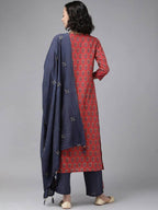 Yufta Women Red Pure Cotton Handblock Print Kurta with Trouser & Dupatta