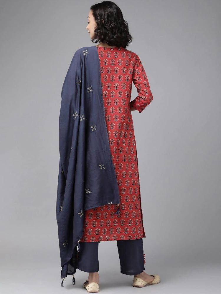 Yufta Women Red Pure Cotton Handblock Print Kurta with Trouser & Dupatta