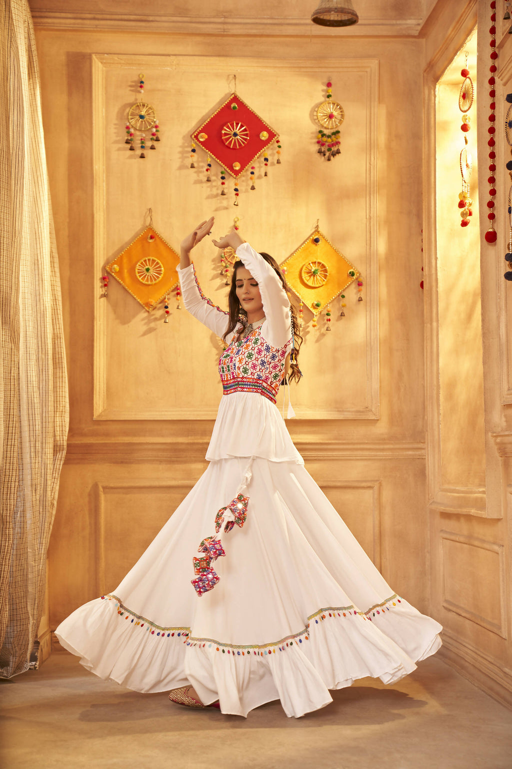White Viscose Rayon Navratri Lehenga Choli With Dupatta - Raas