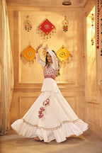 White Viscose Rayon Navratri Lehenga Choli With Dupatta - Raas