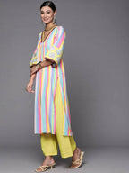Ahalyaa Women Neon Green & Blue Candy Striped Kurta with Palazzos - Distacart