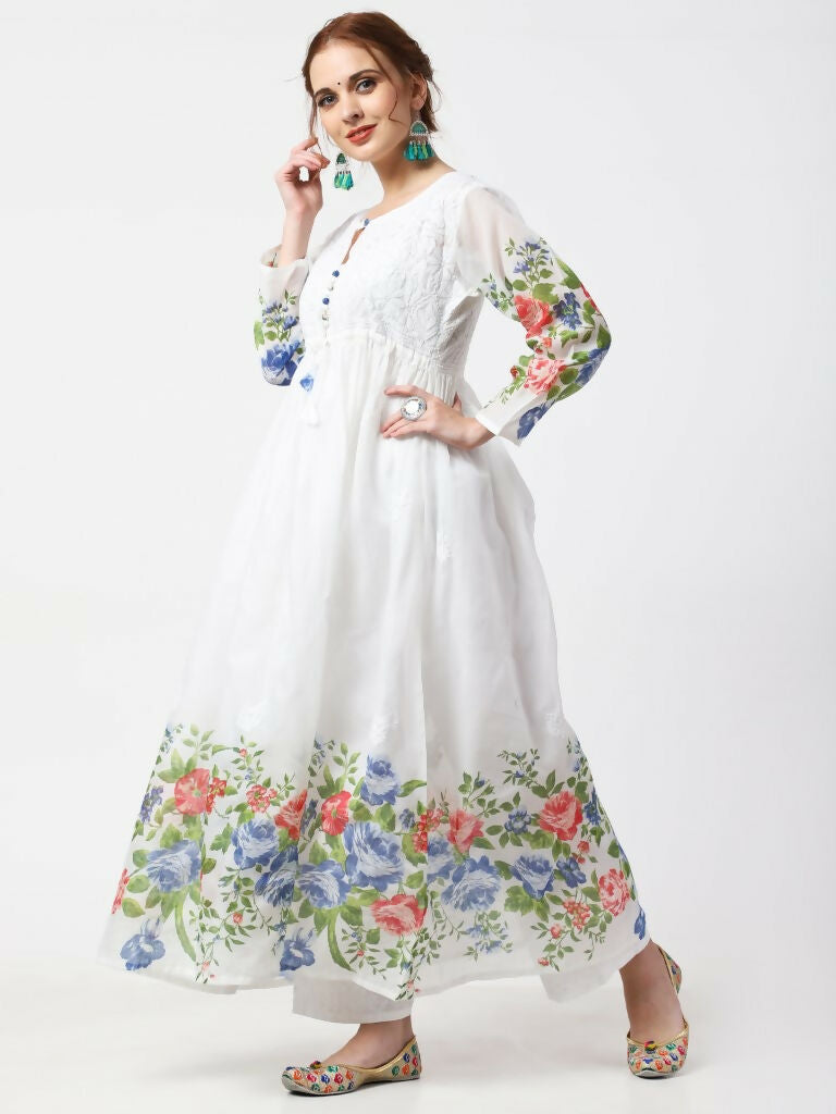 Cheera Women Stylish Hand Chikenkari And Digital Printe Cotton Organza Flared Anarkali Kurta - White