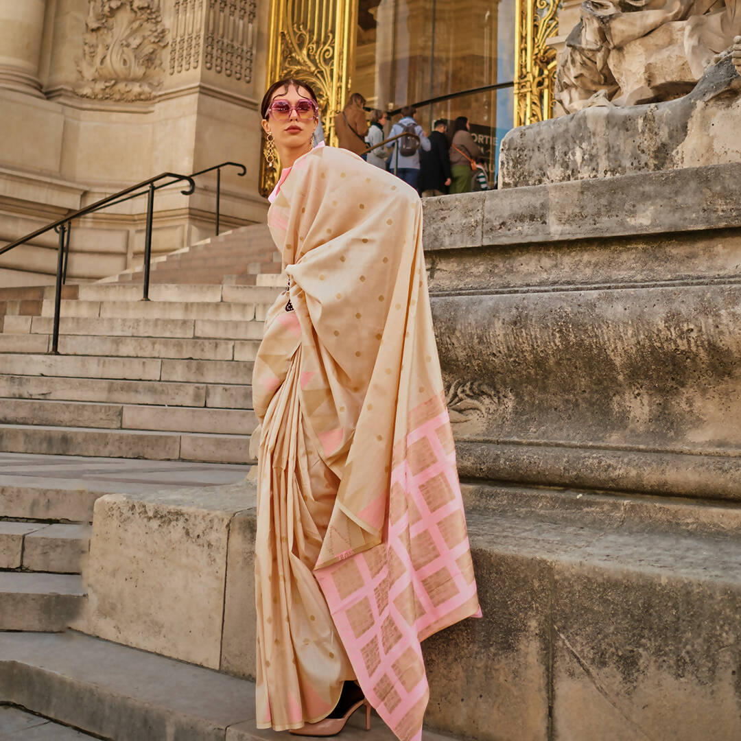 Cream Handloom Khaddi Silk Saree With Contrast Pallu & Blouse - Rajtex Khwaab Silk