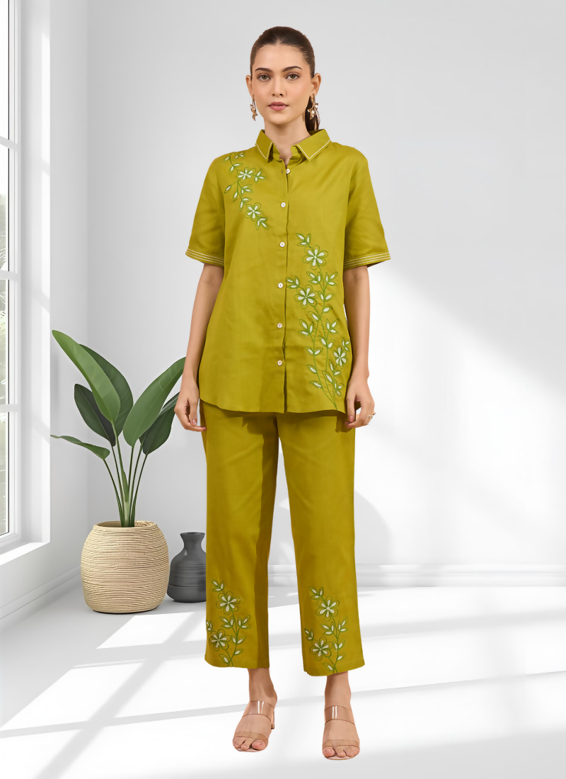 Joban Fashion Green Cotton, Linen Embroidered Readymade Cord Set - Distacart