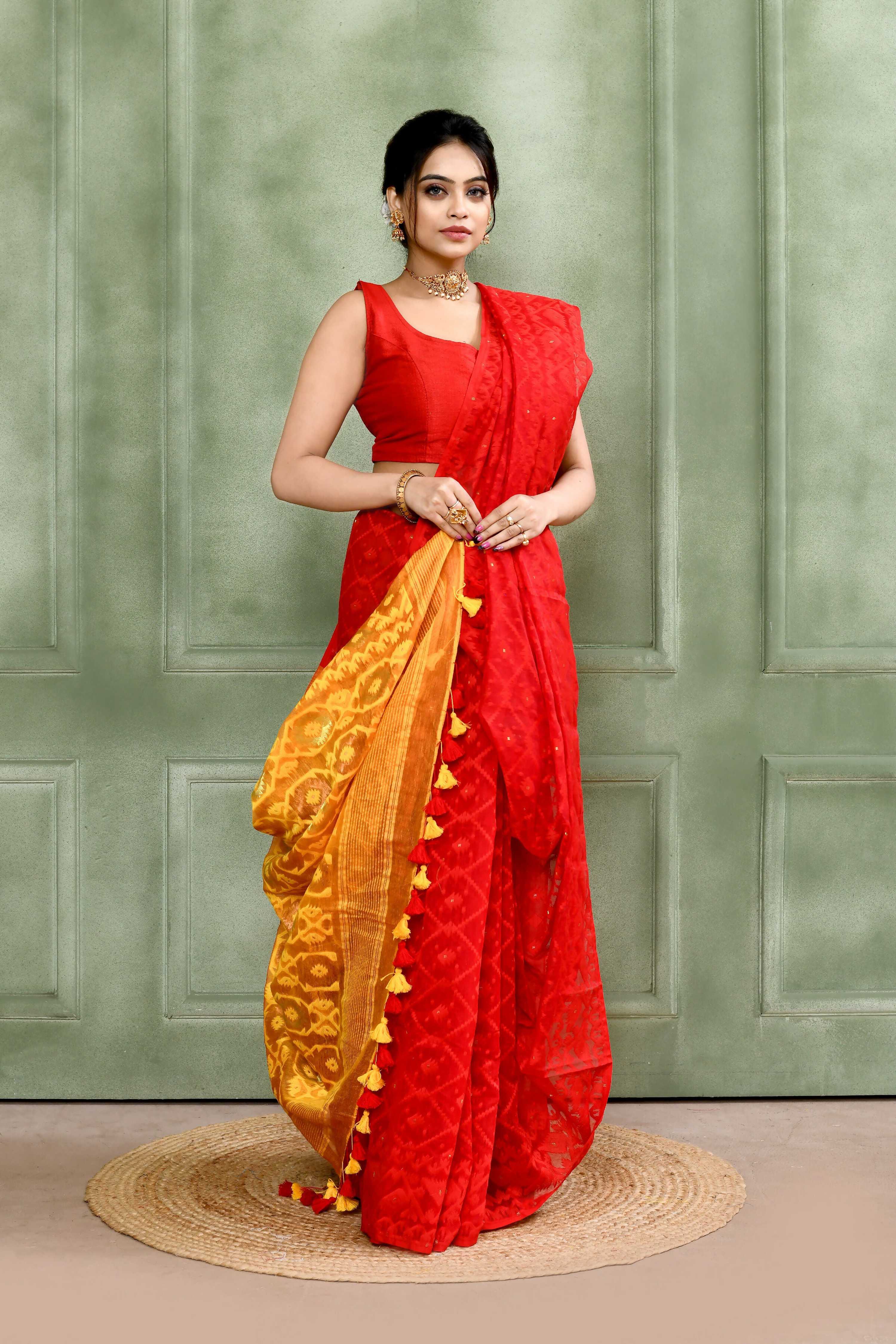 Piyari Fashion Women's Red Embellished Cotton Blend Jamdani Saree - Distacart