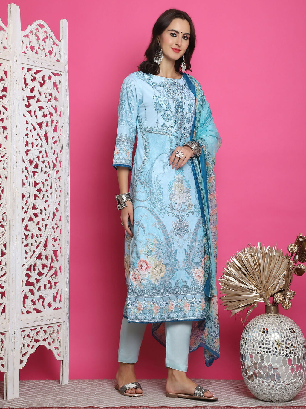 Jyoti Fashion Women's Turquoise Satin Traditional Digital Print with Crystal work Kurta with Trouser & Dupatta