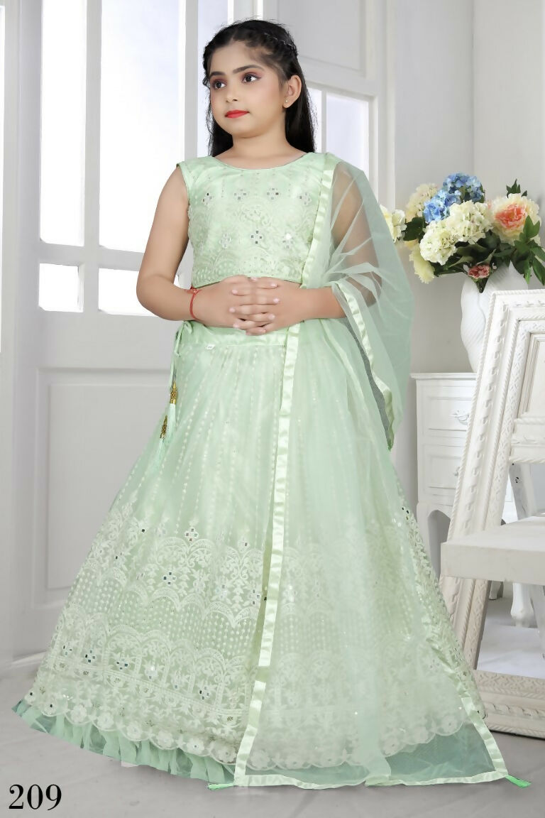 Wedding Designer Light Green Net Kidswear Lehenga - Aaradhna