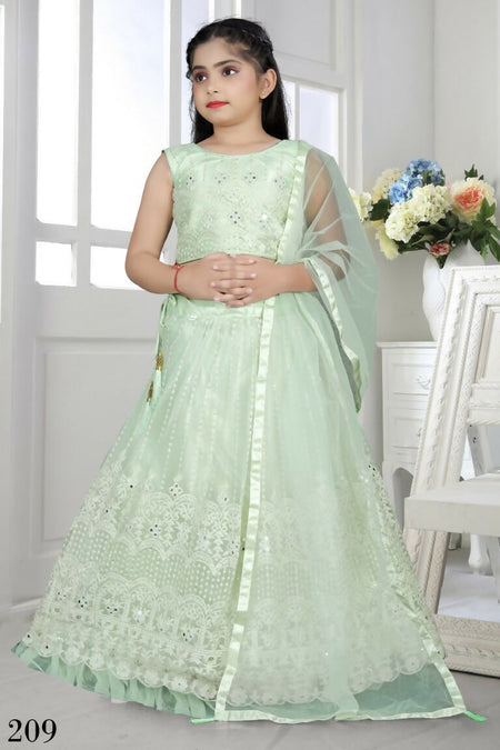 Wedding Designer Light Green Net Kidswear Lehenga - Aaradhna