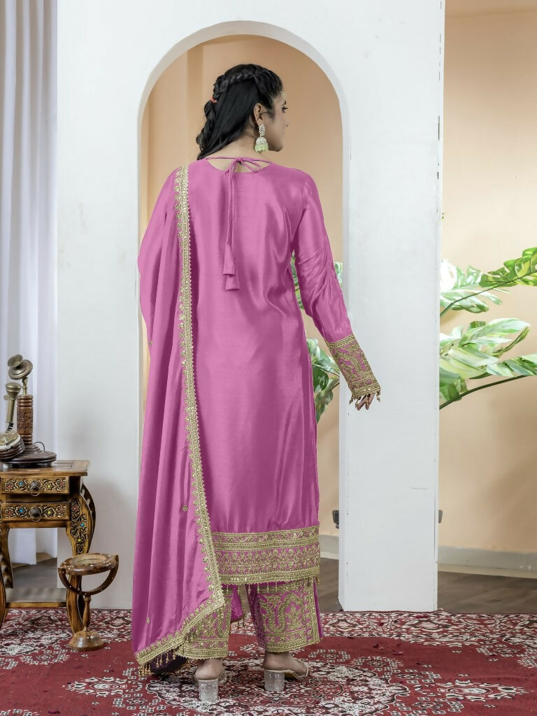 Teeya Creation Baby Pink Color Chinnon Silk Embroidery Work Fully Stitched Salwar Suit - Distacart